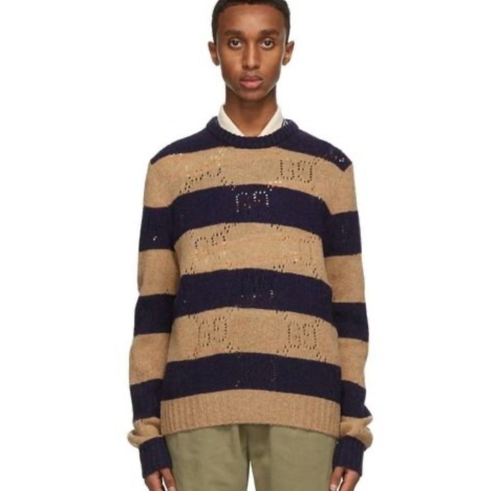 Gucci Navy and Tan Striped Crewneck Sweater